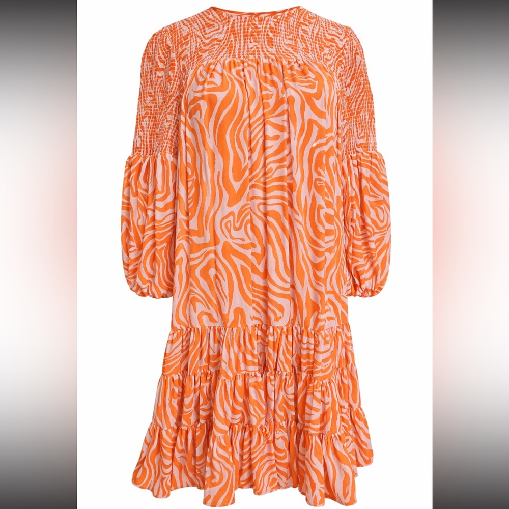 Cinq à Sept Rika Dress Orange Pink Zebra Print Smocked Billowed Sleeve Size 8